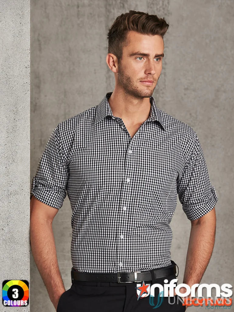 Man in black and white check mens gingham check Winning Spirit Gingham Roll Up LS Shirt