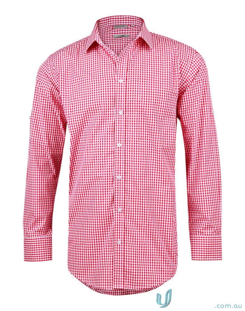 Mens gingham check Red and white long-sleeved shirt from Winning Spirit Gingham Roll, comfy workwear