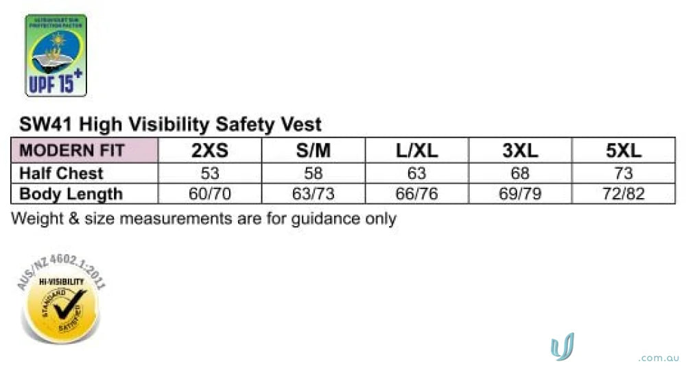 Winning Spirit SW41 Hi-Vis Safety Vest size chart with multiple chest pockets