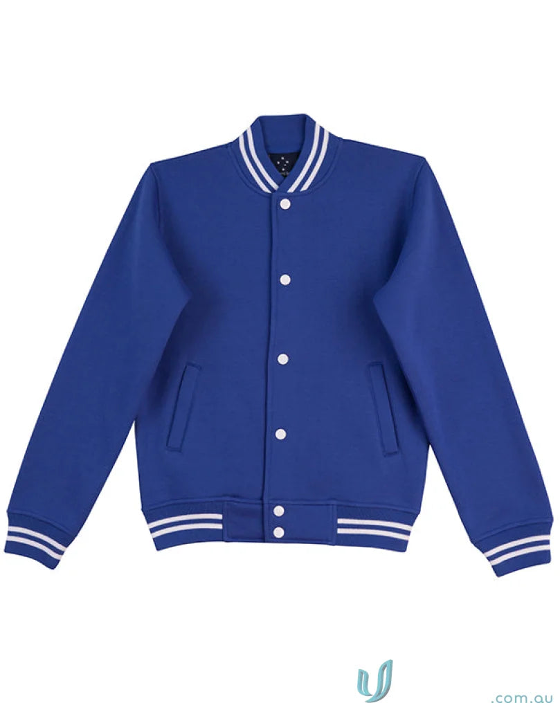 Blue fleece varsity jacket with white trim from Winning Spirit Kids Fleece Varsity collection
