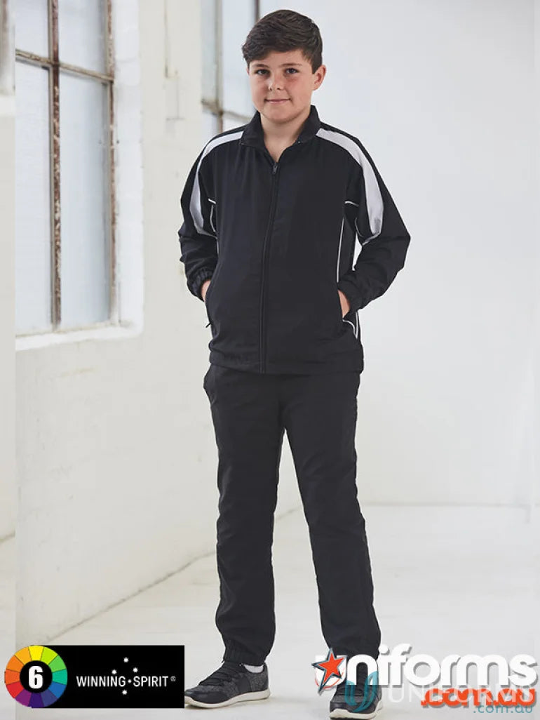 Kids Legend Warm black and silver tracksuit with zip-up leg openings from Winning Spirit Kids