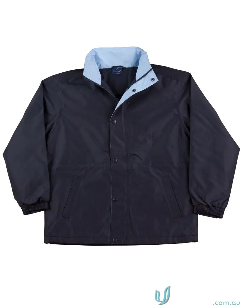 Winning Spirit Kids Stadium Jacket featuring a dark blue body and light blue collar