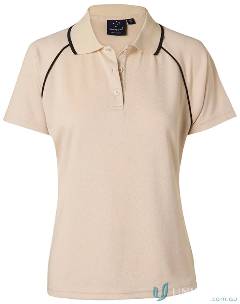 Winning Spirit Ladies Champion Raglan Polo in light beige with black piping for women