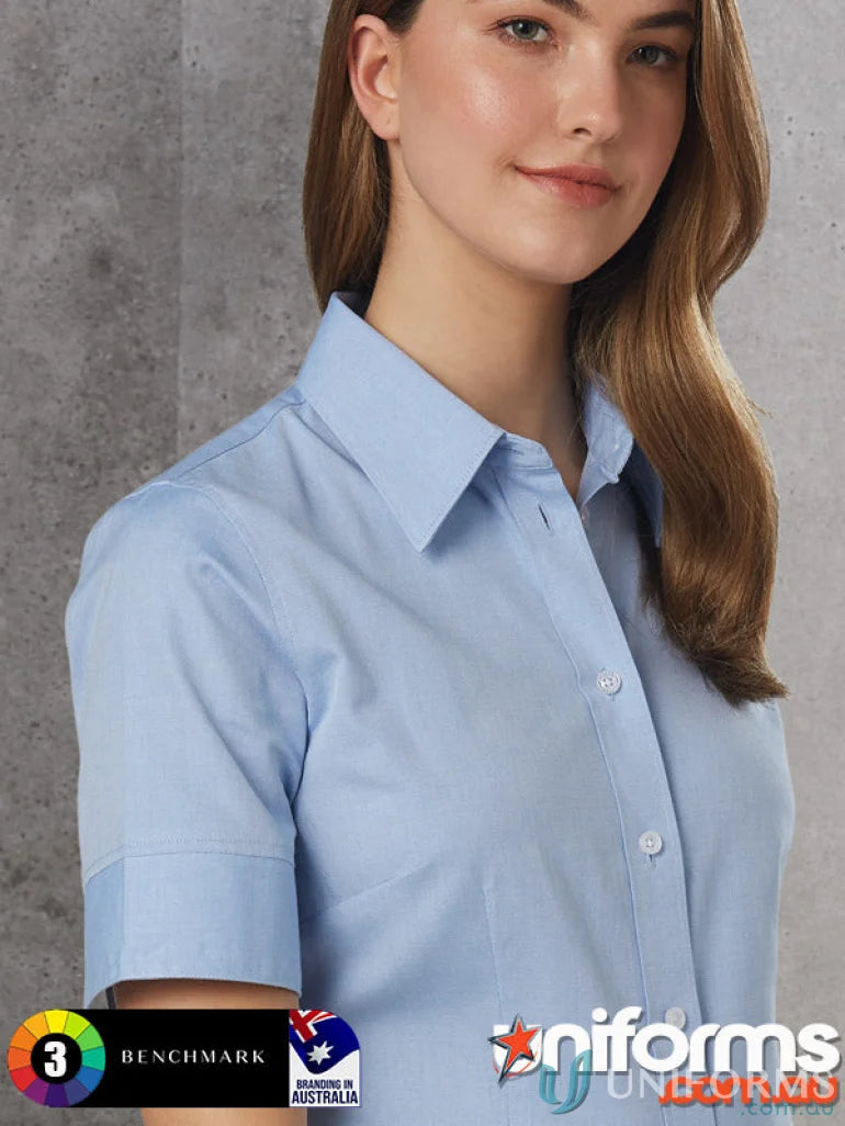 Light blue ladies CVC Oxford short sleeve shirt from Winning Spirit M8040S collection