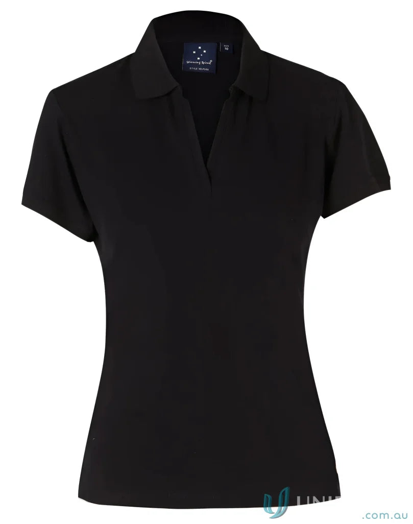 Black womens polo shirt from Winning Spirit Ladies Longbeach Stretch Polo collection