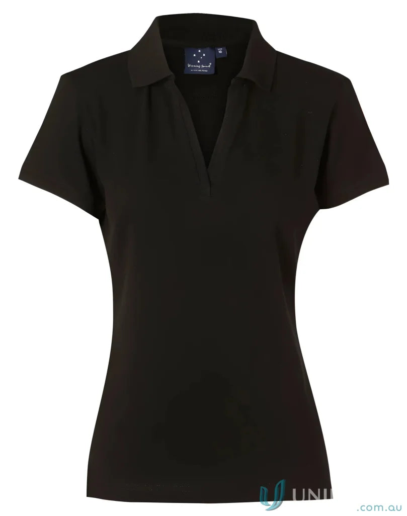 Black womens Winning Spirit Ladies Longbeach Stretch Polo shirt for a comfy sporty look