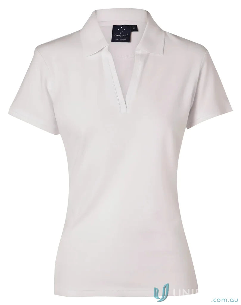 White short-sleeved polo from Winning Spirit Ladies Longbeach Stretch collection