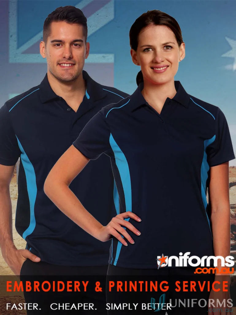 Two women modeling dark blue Winning Spirit PS80 Pursuit Polo shirts with light blue accents
