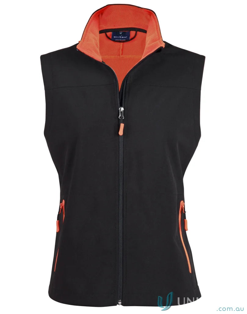 Black and orange jk46 Rosewall soft shell vest, Winning Spirit Ladies Rosewall SoftShell Vest