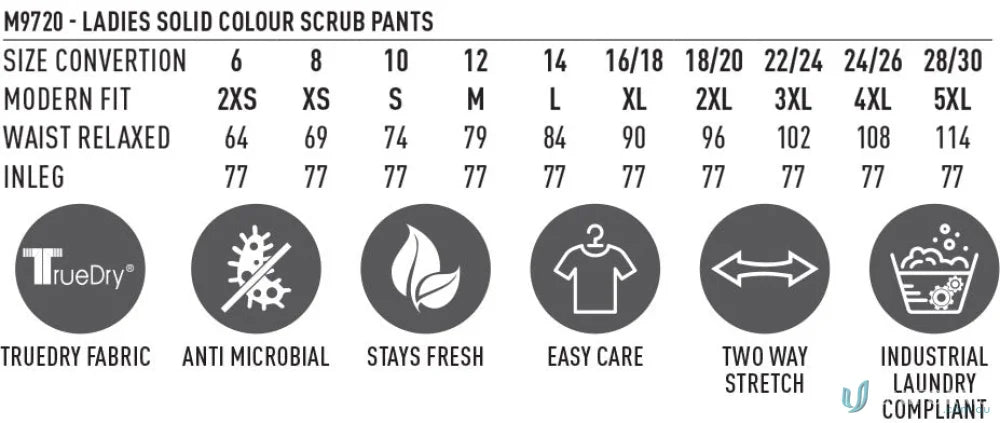 Winning Spirit Ladies semi-elastic waist scrub pants size chart and fabric info