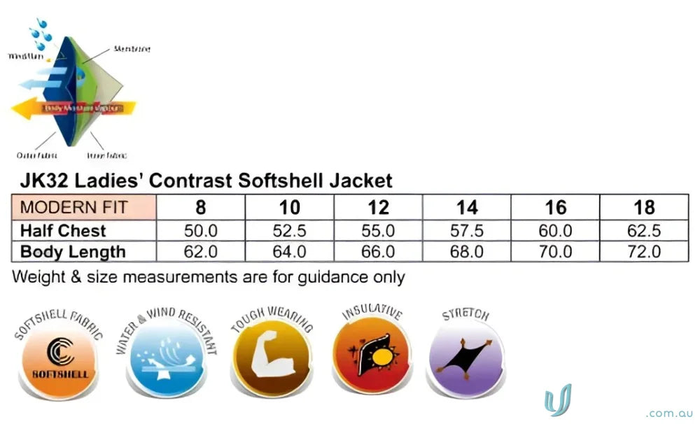 Ladies softshell jacket size chart for Winning Spirit Ladies Whistler Softshell Jacket