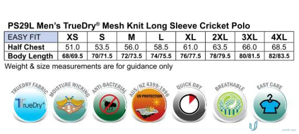 Mens polo shirt size chart and fabric details for Winning Spirit LS Cricket Polo with raglan sleeves