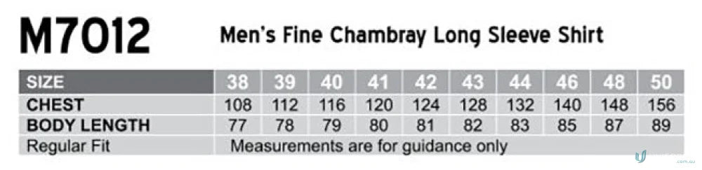 Mens shirt size chart for Winning Spirit Mens Fine Chambray L/S Shirt m7012 mens fine chambray long sleeve style