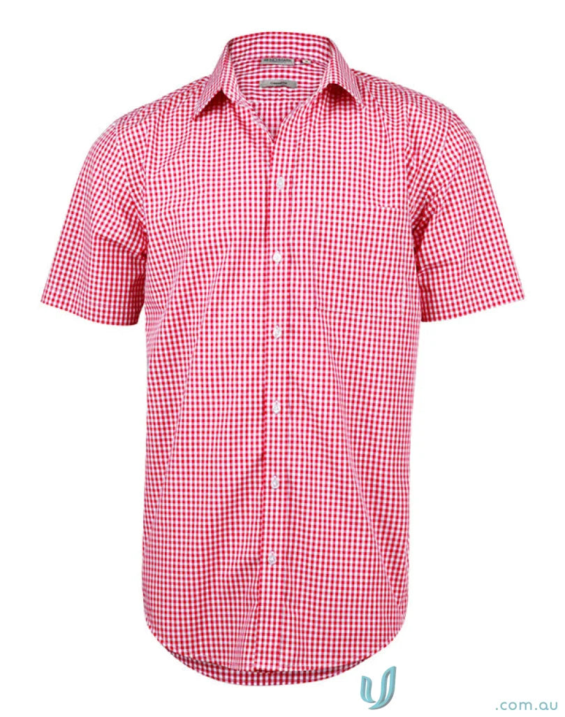 Red and white checkered mens gingham short-sleeve shirt from Winning Spirit Mens