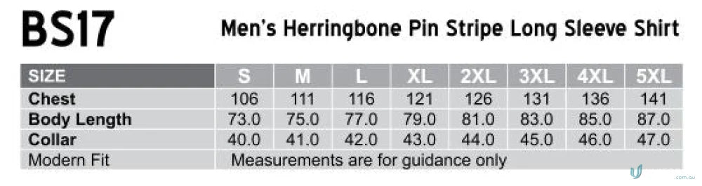 Mens workwear size chart for Winning Spirit Pin BS17 Pin Stripe Shirt