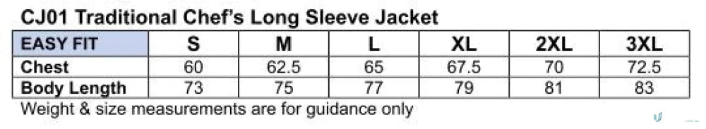 Size chart for Winning Spirit Traditional chefs jacket for culinary professionals