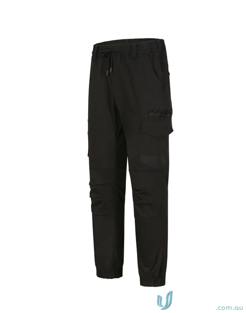 Black cotton stretch cargo pants with multiple pockets and drawstring waist ideal for workwear uniforms
