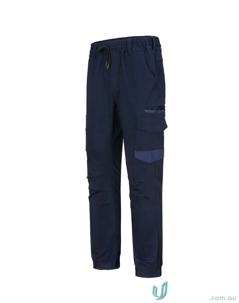 Dark navy blue cotton stretch cuffed womens work pants with reinforced patch pockets and elastic waistband for workwear