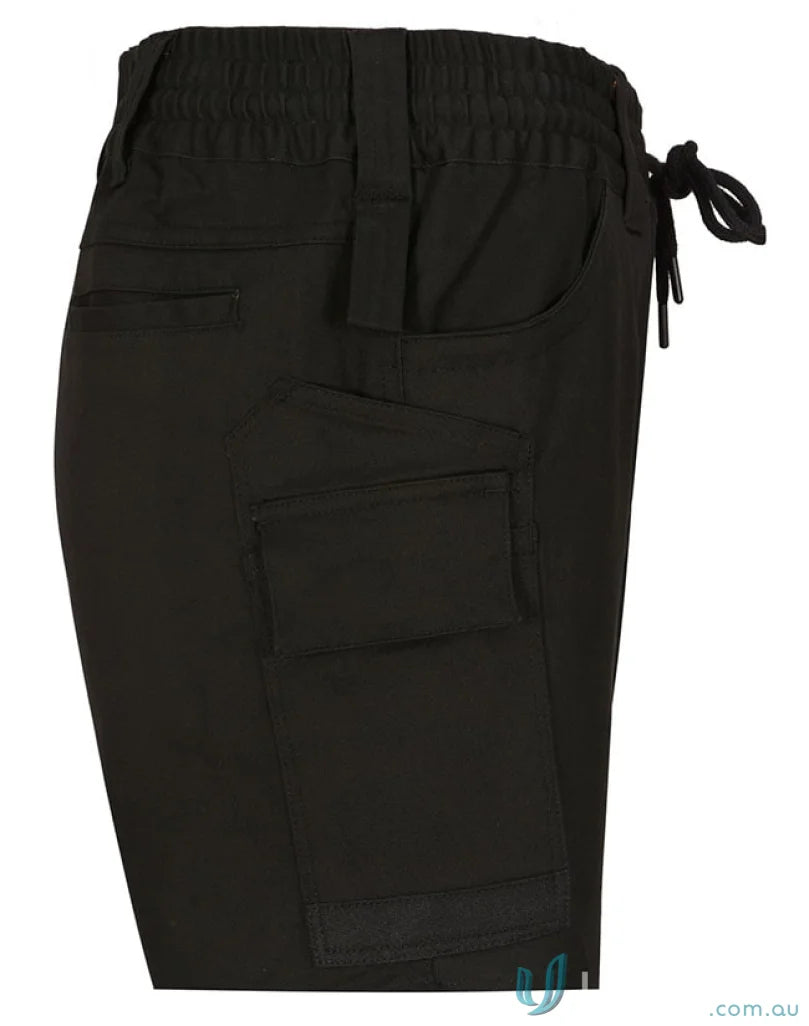 Black cotton stretch cargo work pants with elastic waistband drawstring and multiple pockets for workwear uniforms