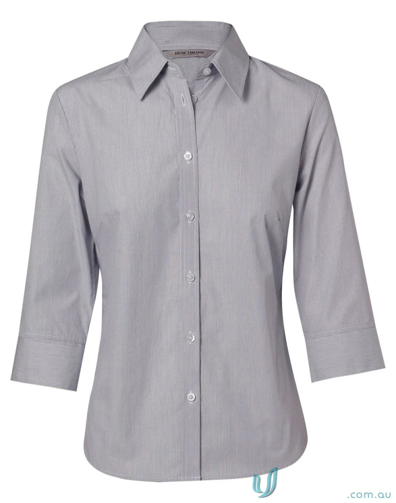 Gray striped womens fine stripe Winning Spirit 3Qtr Shirt with buttons