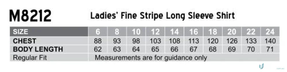 Women’s fine stripe long sleeve shirt size chart for the Winning Spirit Womens Fine Stripe LS Shirt