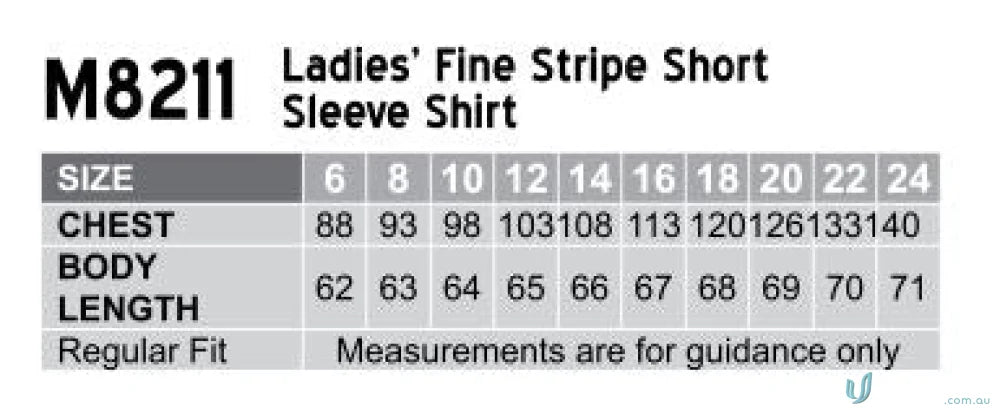 Ladies shirt size chart for Winning Spirit Womens Fine Stripe Short Sleeve Shirt