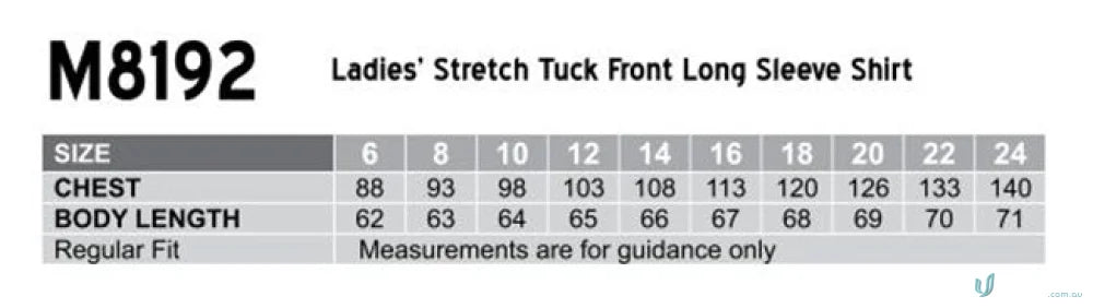 Ladies shirt size chart for Winning Spirit Womens Stretch Tuck Front Shirt