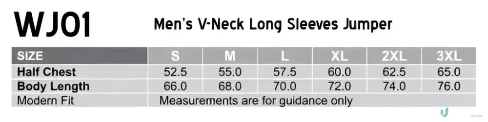 Mens V-Neck Long Sleeves Jumper size chart for Winning Spirit Wool Acrylic Knit Jumper
