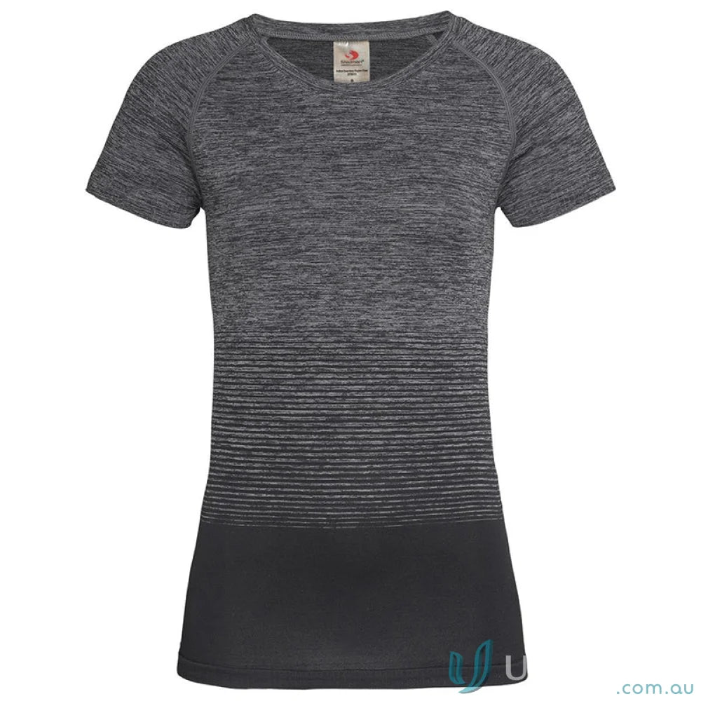 Womens Active Seamless Raglan Flow top with dark grey heathered upper and black lower sections