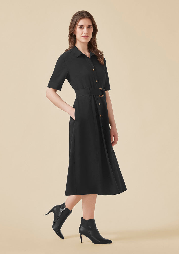 Womens Adele midi dress: black short-sleeved button-down with belt