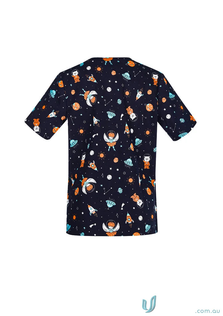 Dark blue space-themed Best Friends Scrub Top for a fun workday feel overwhelmed vibe
