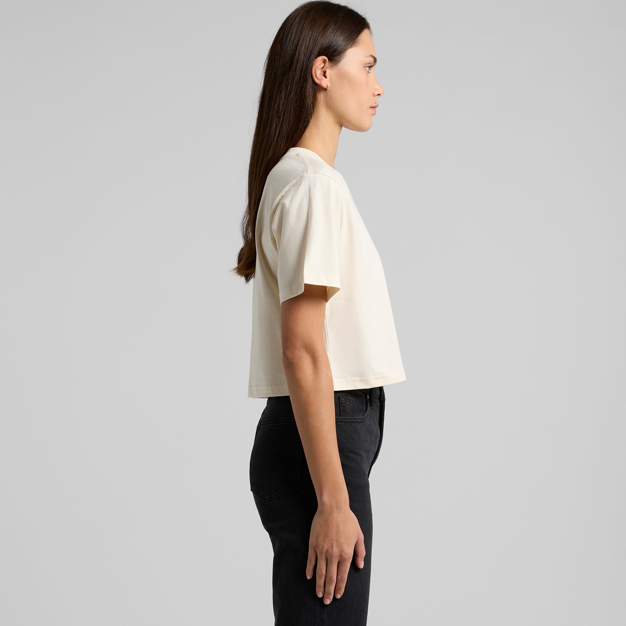 Women’s classic cream-colored cropped tee with short sleeves and relaxed fit perfect for workwear uniforms
