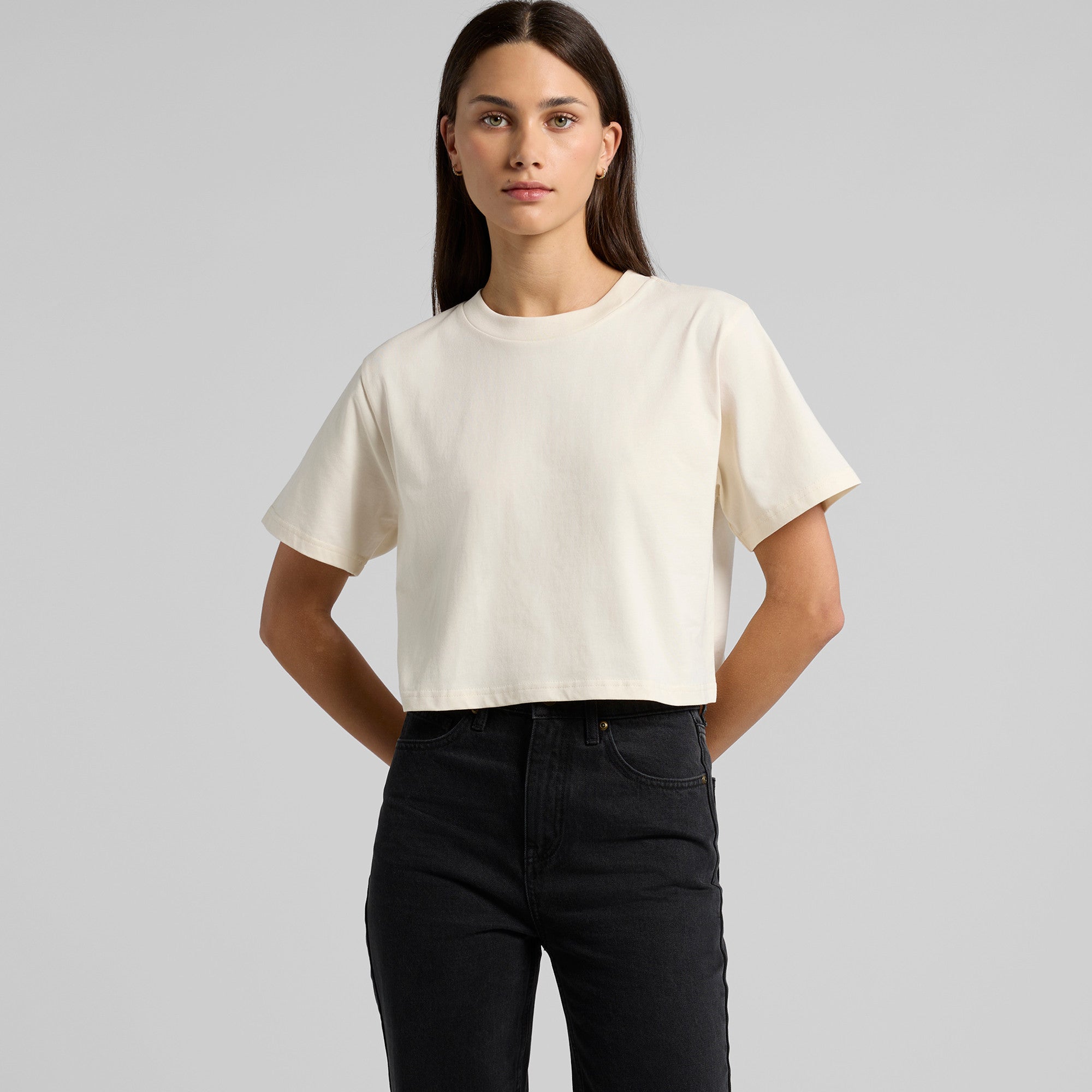Women’s classic cropped tee in cream with short sleeves and relaxed fit perfect for casual workwear uniforms