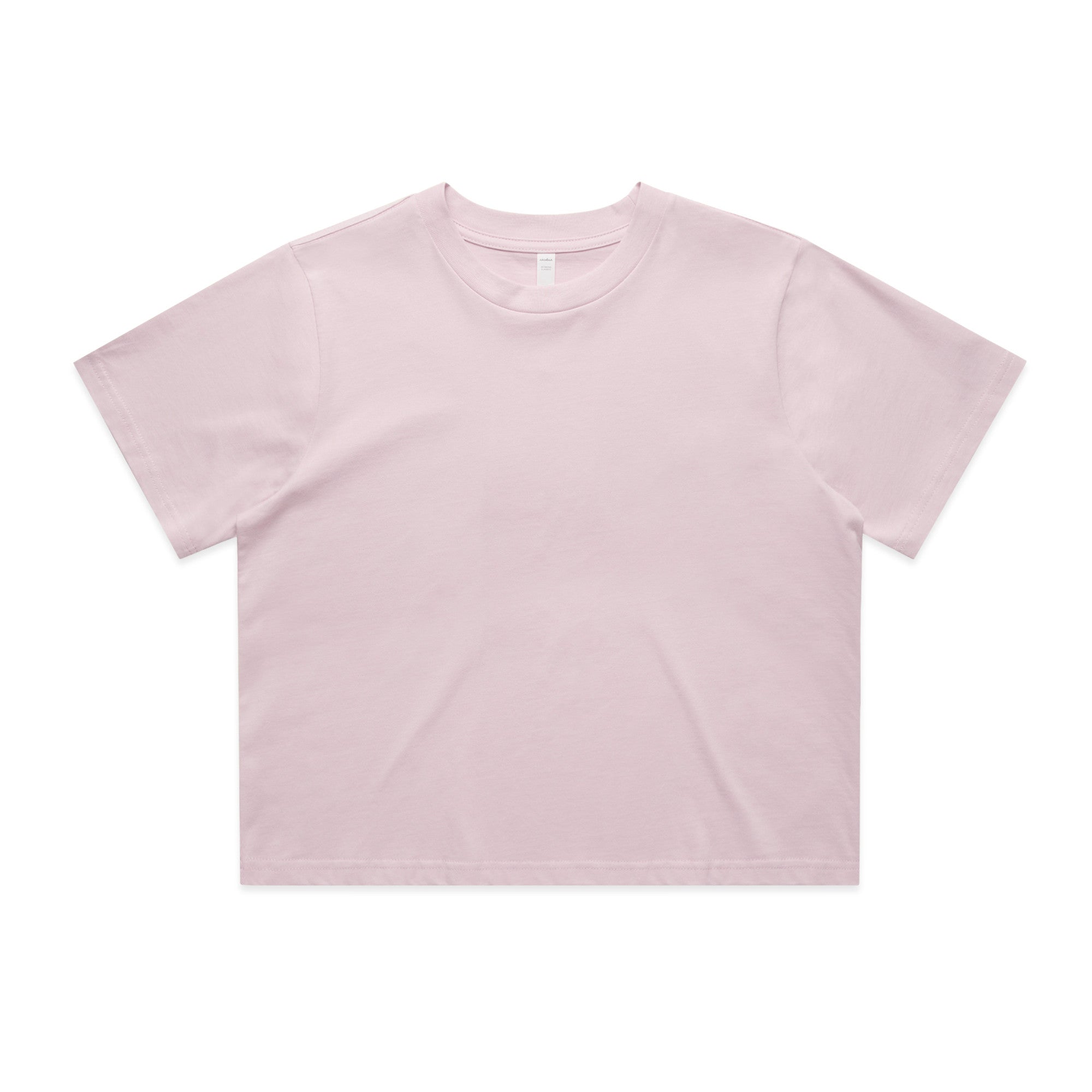 A soft blush pink women’s classic cropped tee with round neckline perfect for casual workwear or uniforms