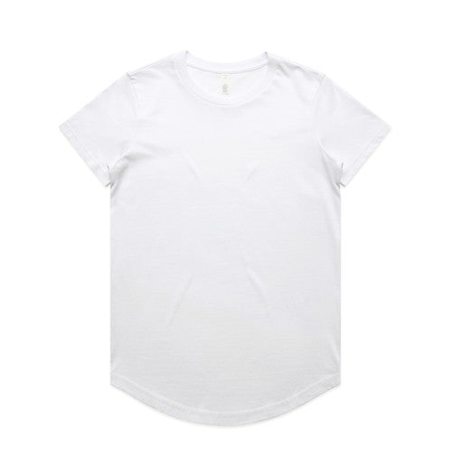 White t-shirt with ruffled sleeves and hem, likely made of cotton or polyester blend.
