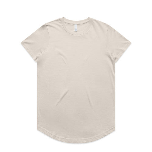 Beige short-sleeved t-shirt with a relaxed fit and curved hem.