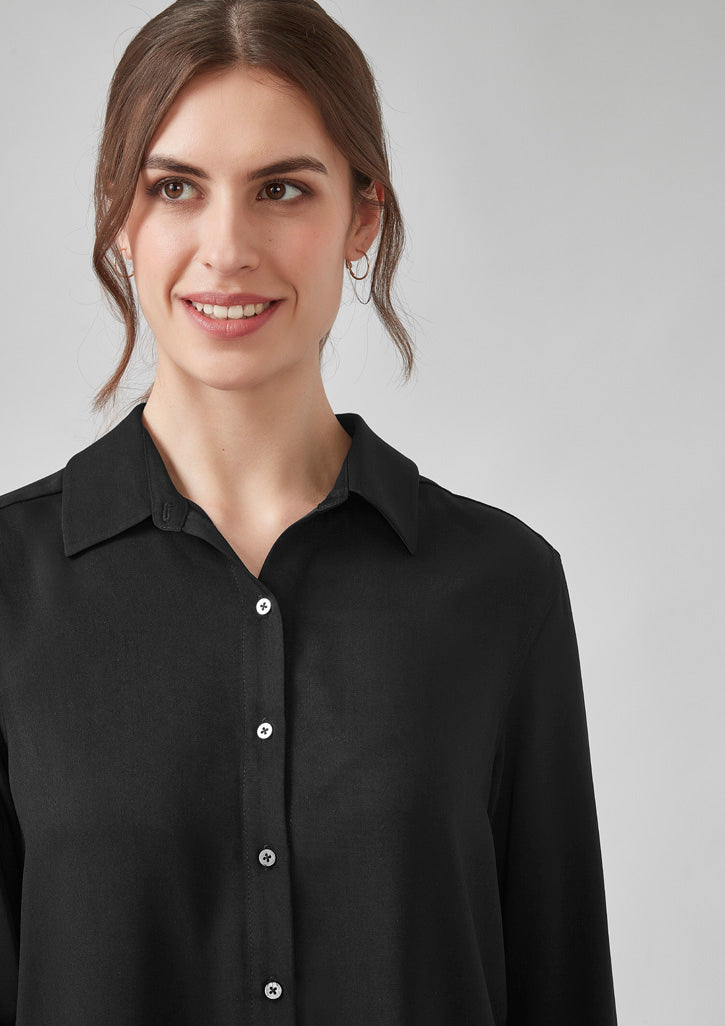Womens Evelyn long sleeve black button-up blouse with sleek collar