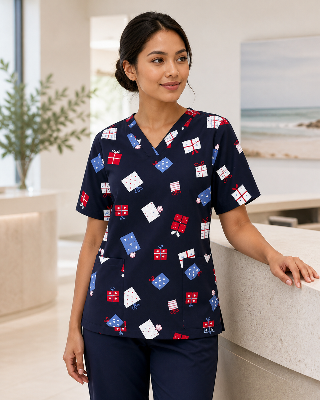 Womens Navy Christmas Scrub Top