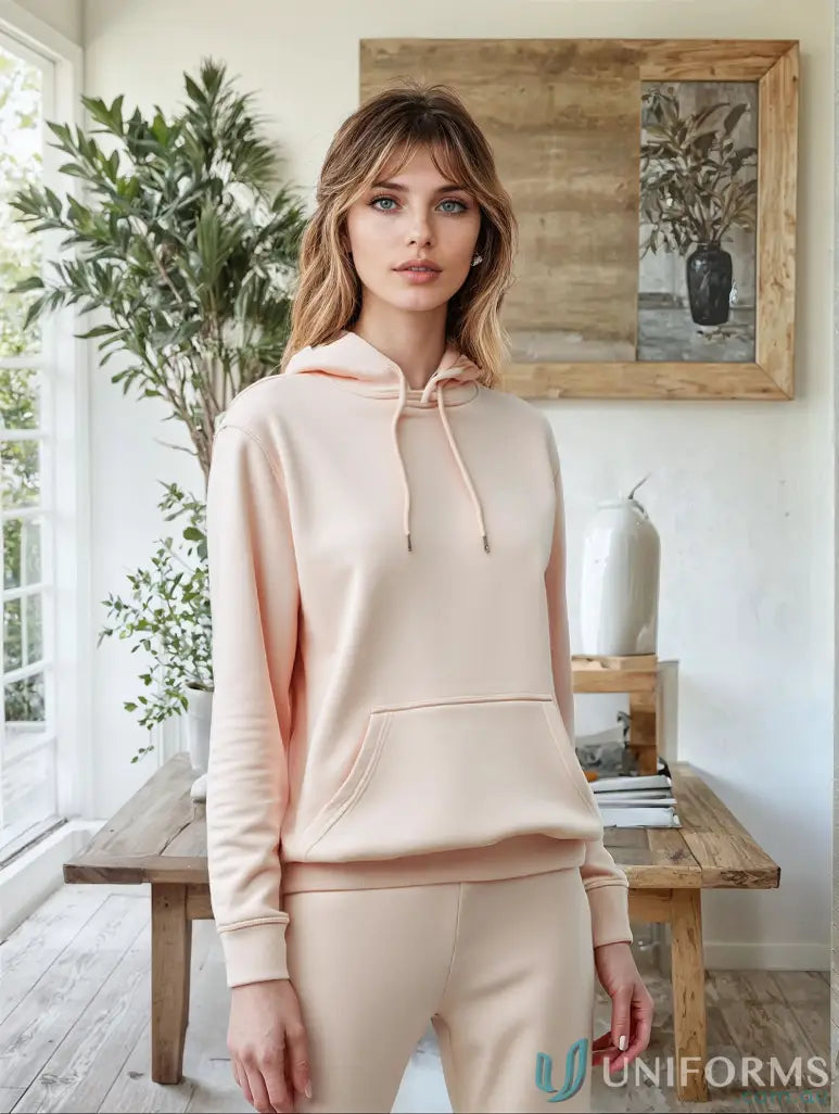 Woman in peach-colored oversized heavy weight hoodie with a wo’s heavy hood for comfort