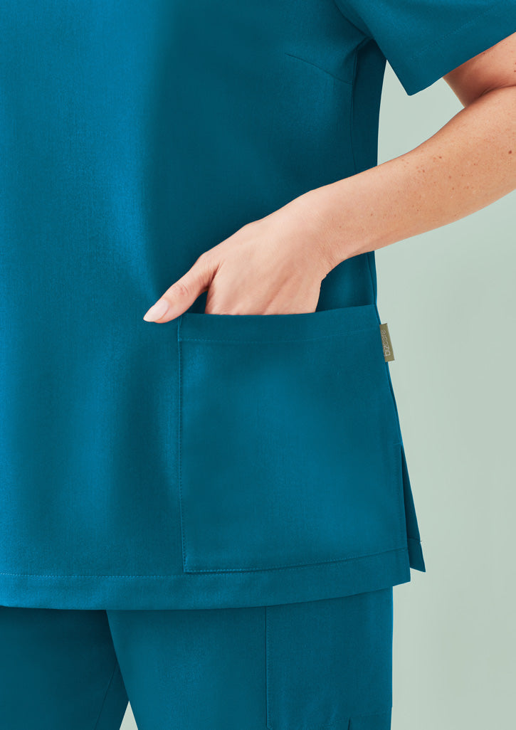 Teal Pulse V-Neck Scrub Top with front pocket, side slit, utility loop