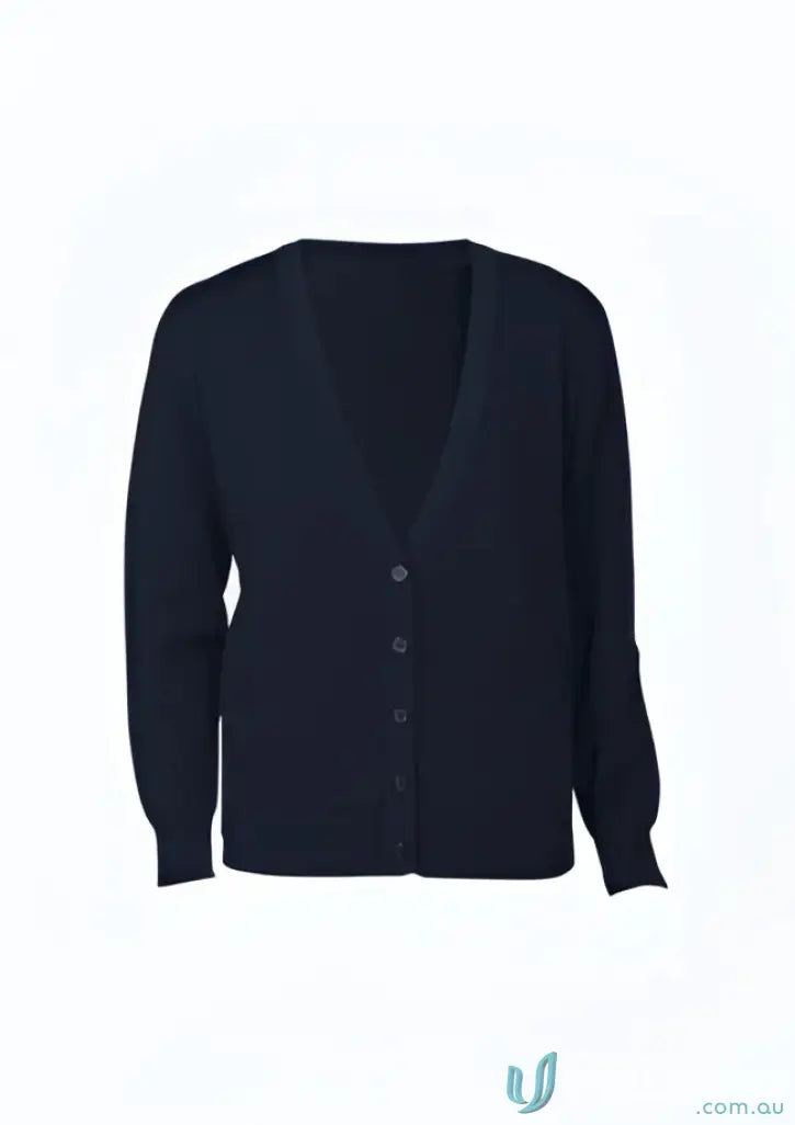 Black wool mix cardigan with v-neck, subtle button closure, and ribbed cuffs perfect for workwear uniforms