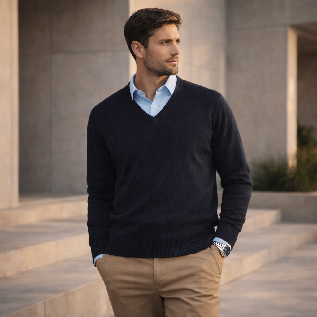 Navy blue v-neck woolmix knit pullover over light blue shirt