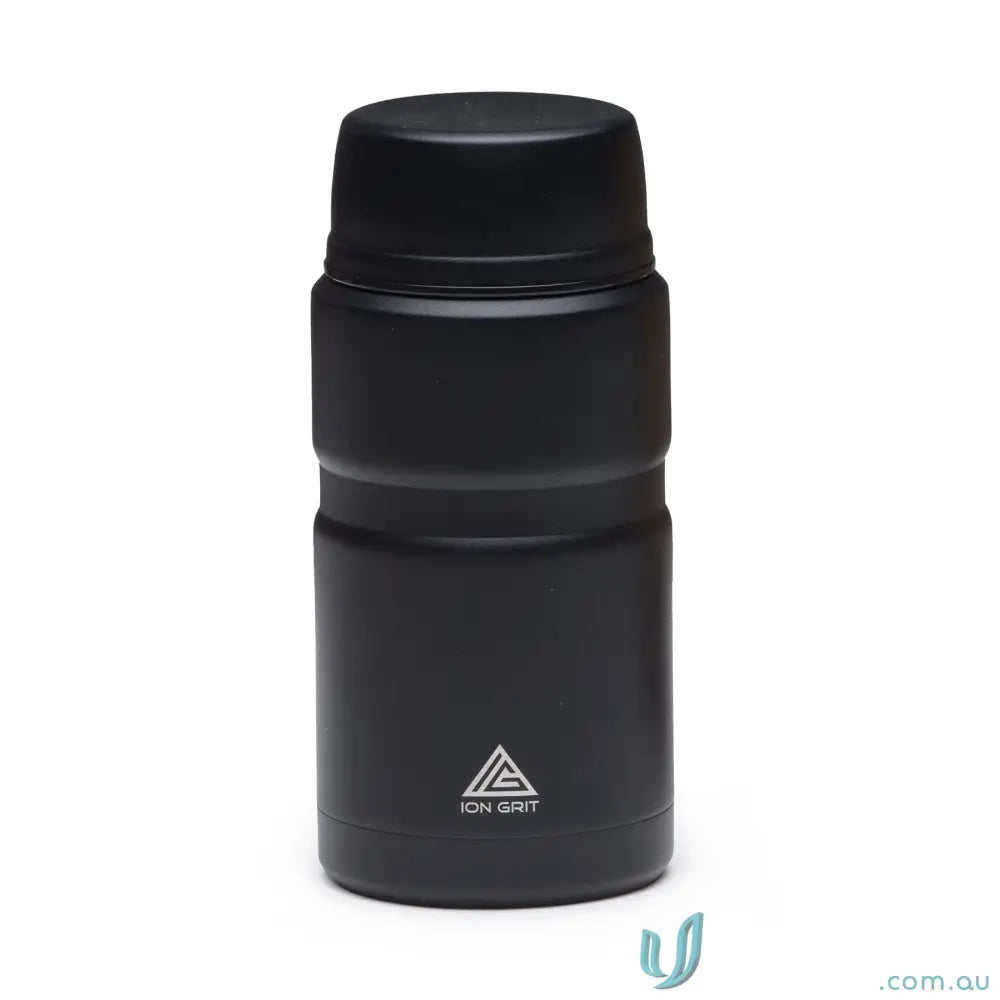 Black insulated food jar in matt black finish with 750ml capacity and foldable spoon