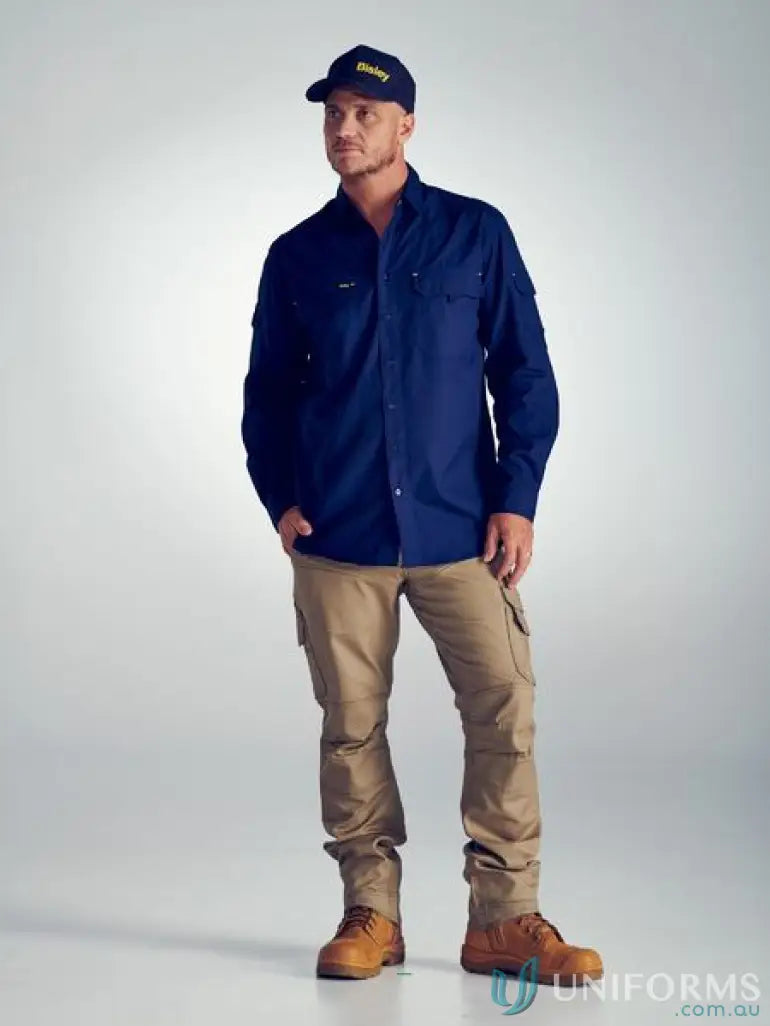 Man modeling Bisley X Airflow Airflo Ripstop Shirt with tan cargo pants and boots