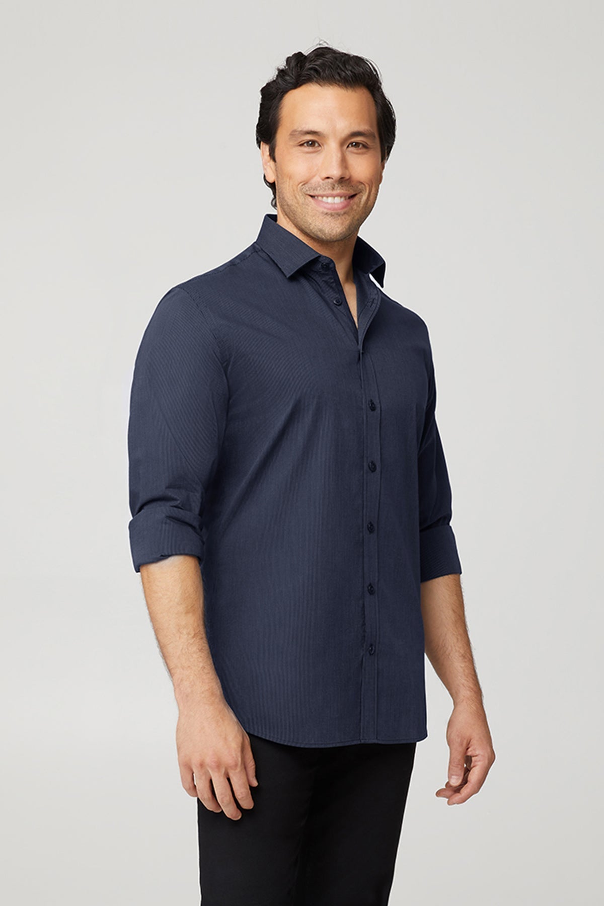 Xpresso mens ls shirt in navy blue cotton with ribbing and rolled sleeves