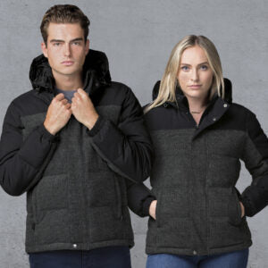 XT Plunge Jacket: black puffer plunge jacket with quilted design and fur hood