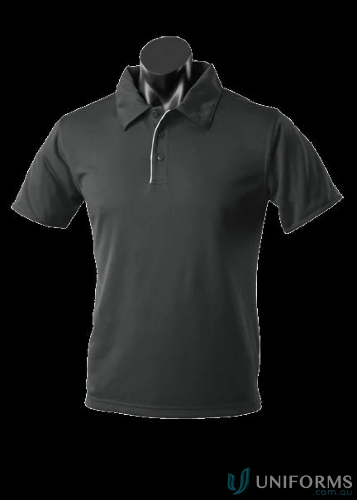 Yarra Polo black polo shirt with white trim, perfect for work uniforms and casual wear