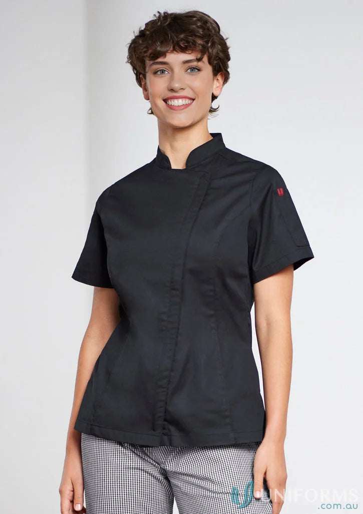 Black short-sleeved chef ss jacket from Yes Chef Ladies Alfresco collection