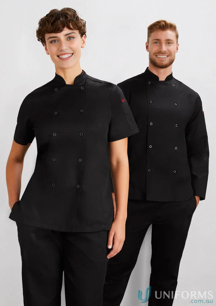 Two chefs in black zest ss chef short sleeve jackets showcasing style and professionalism