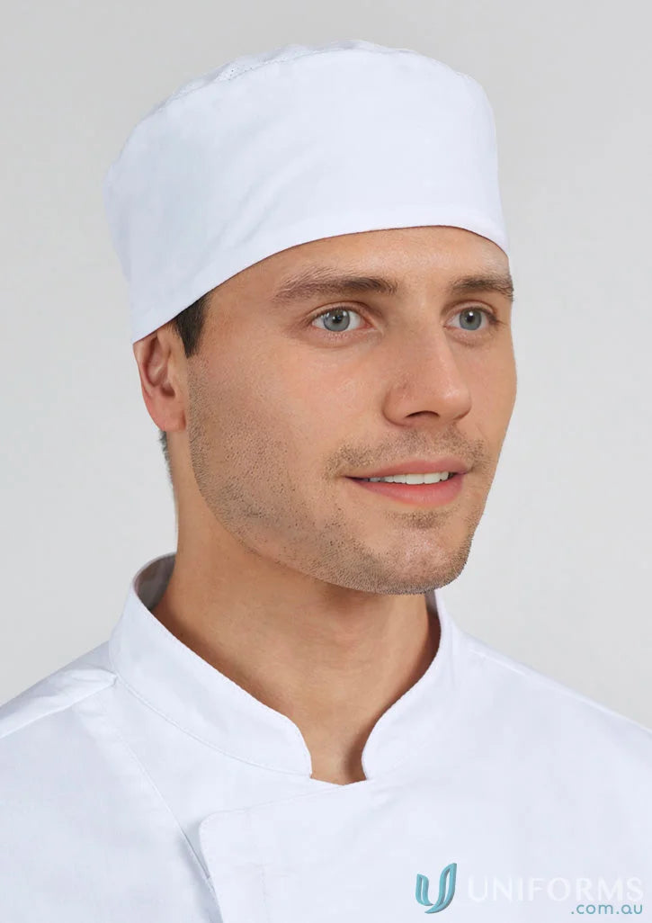 White chef’s hat made from recycled pet polyester for eco-friendly catering services